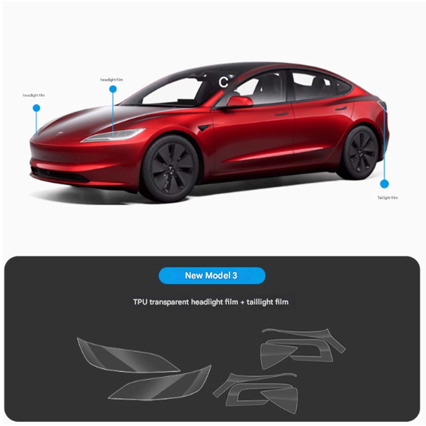 Tesla Model 3 Highland TPU Headlight Tail light Pre-Cut Film