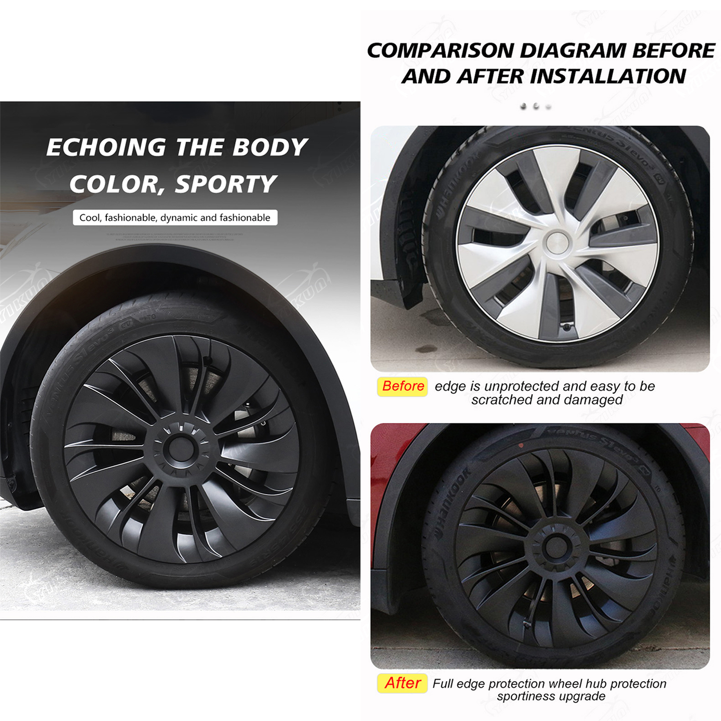 Tesla Model Y 19inch Rims Cover Matte Black 4PCS/Set Full Cover with Black with Sliver T Logo