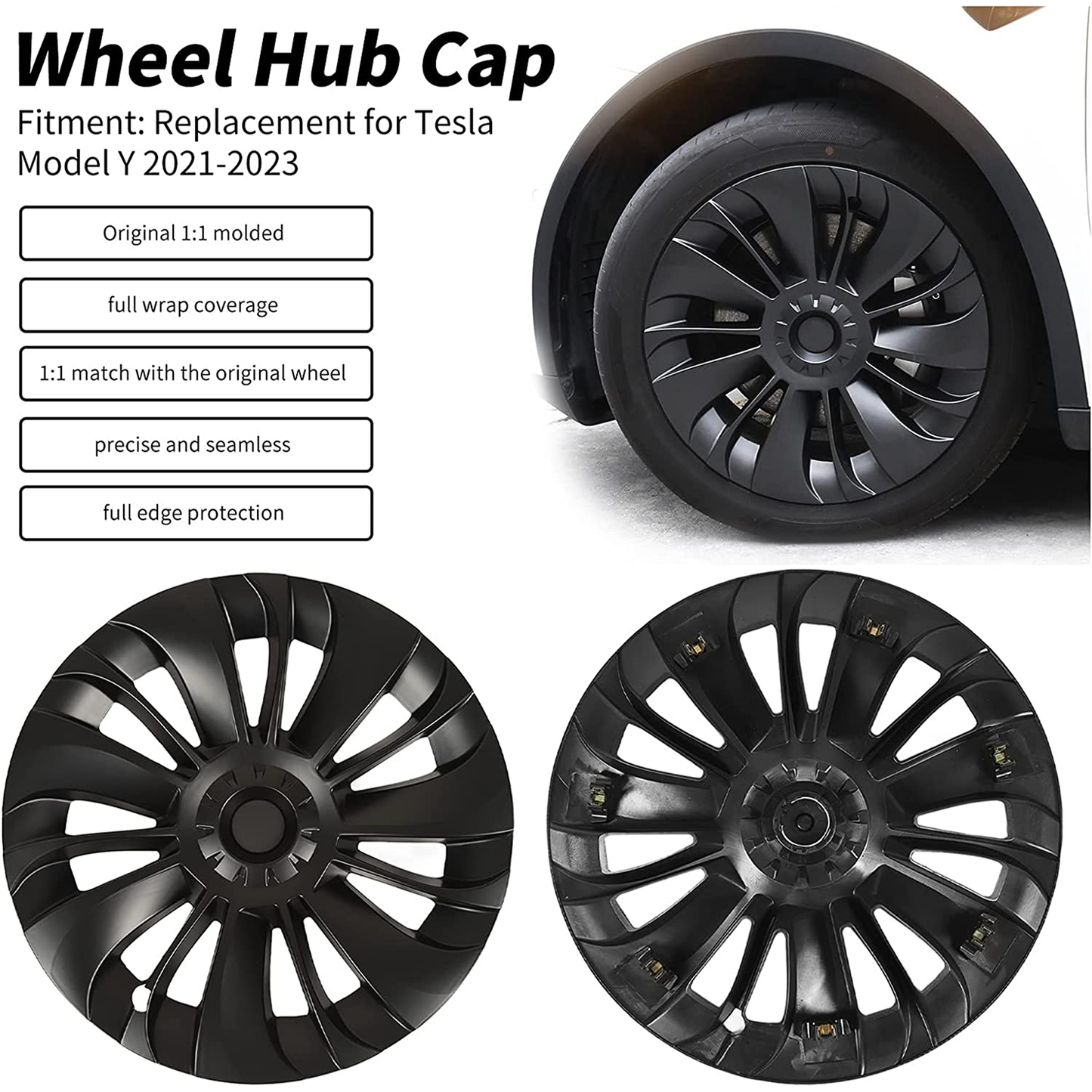 Tesla Model Y 19inch Rims Cover Matte Black 4PCS/Set Full Cover with Black with Sliver T Logo