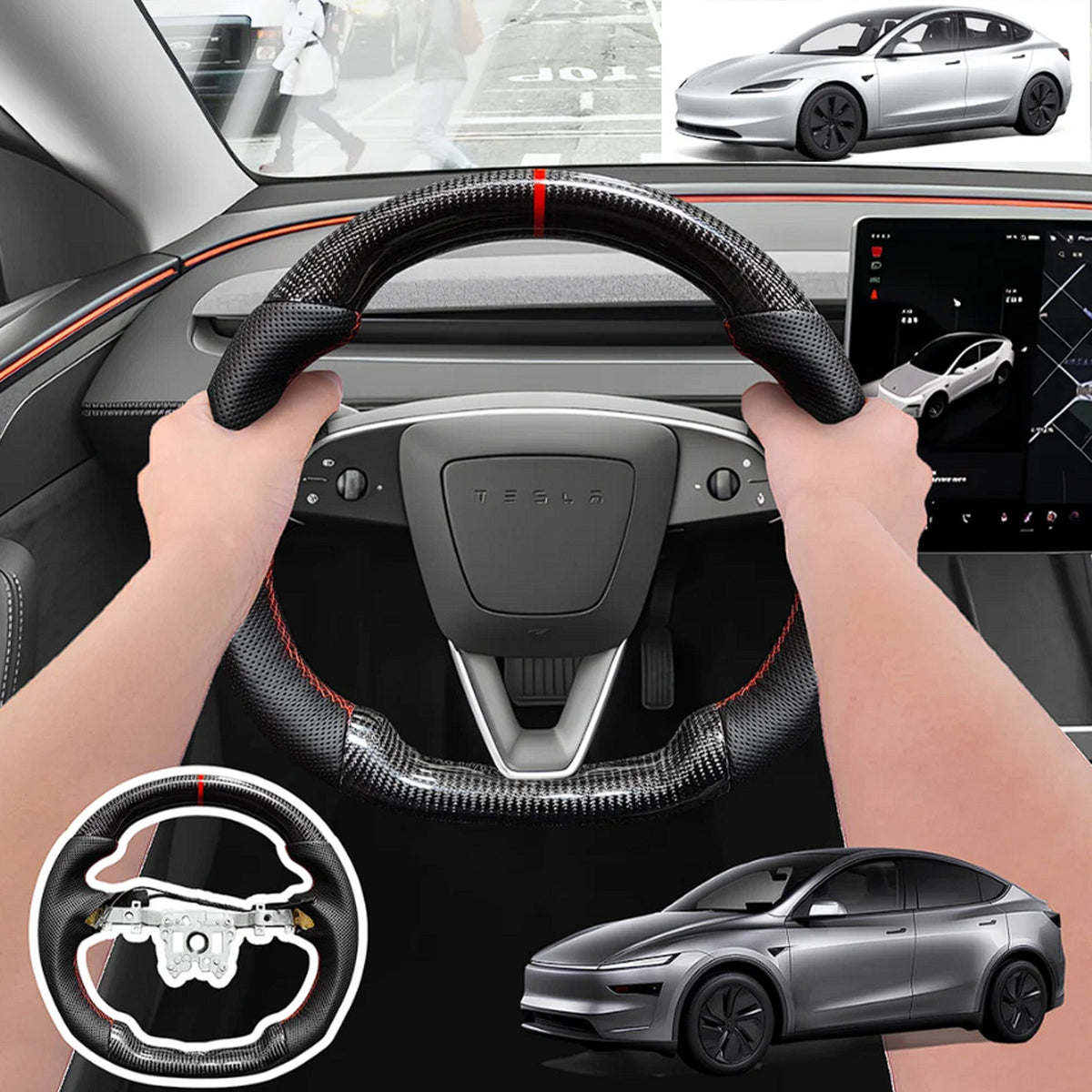 Model 3 HL Model Y JP Glossy Rear Carbon Fiber Steering Wheel Replacement with heated function