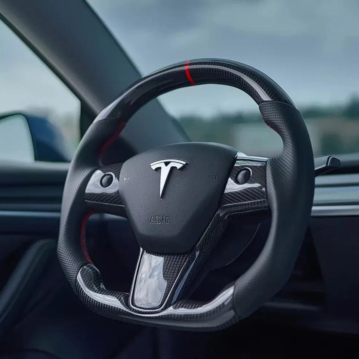 Model 3 Model Y Glossy Rear Carbon Fiber Steering Wheel Replacement