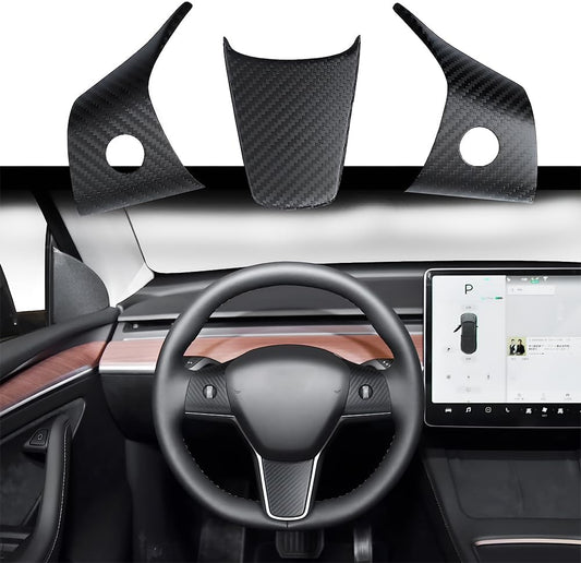 3PCS Steering Wheel Wrap Kit for Tesla Model 3/Y, Matte Carbon Fiber Steering Wheel Decorative Patch Stick