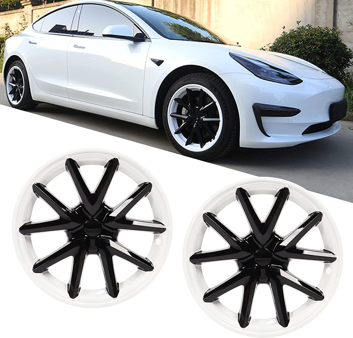 Tesla Model 3 Black and White Rims Cover 18inch 4PCS/Set Full Cover Protecting Hub