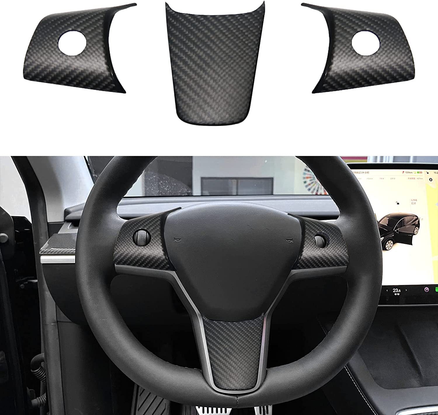 3PCS Steering Wheel Wrap Kit for Tesla Model 3/Y, Matte Carbon Fiber S