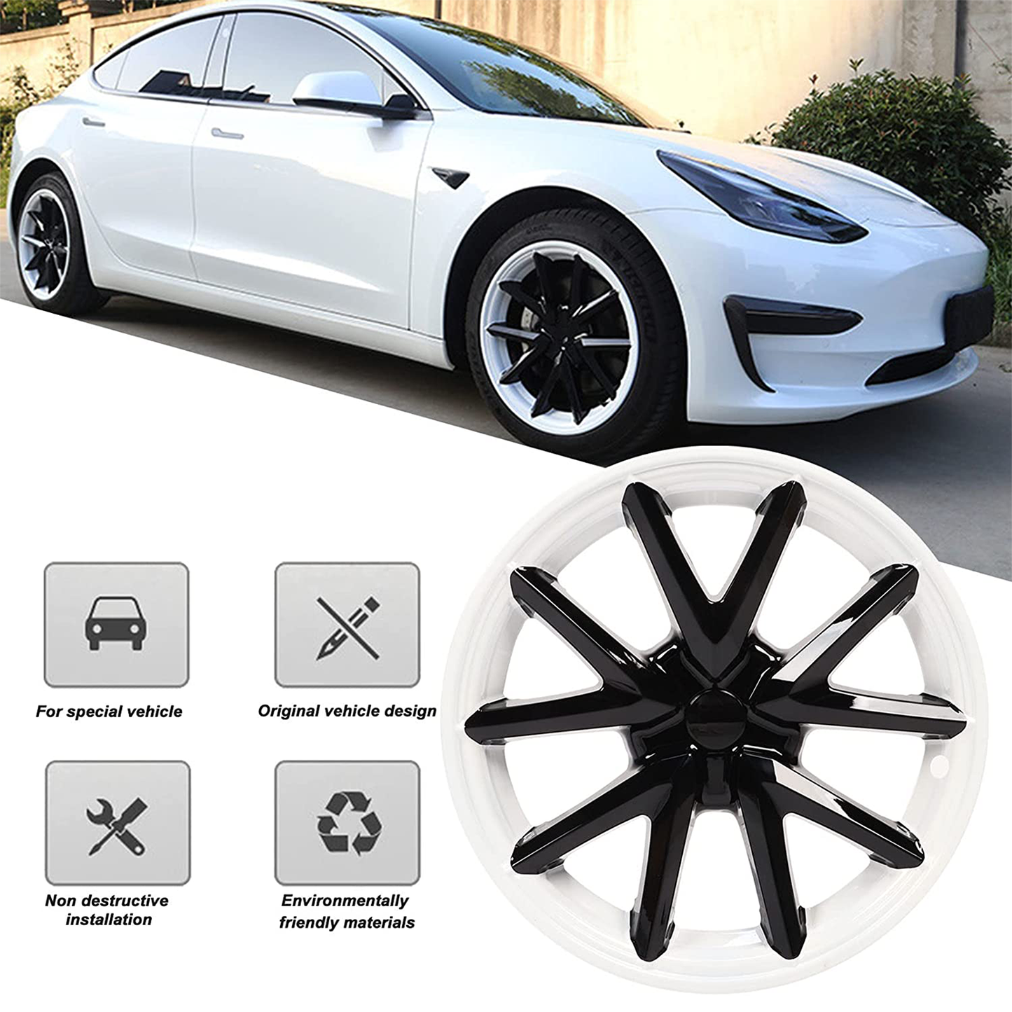 Tesla Model 3 Black and White Rims Cover 18inch 4PCS/Set Full Cover Protecting Hub