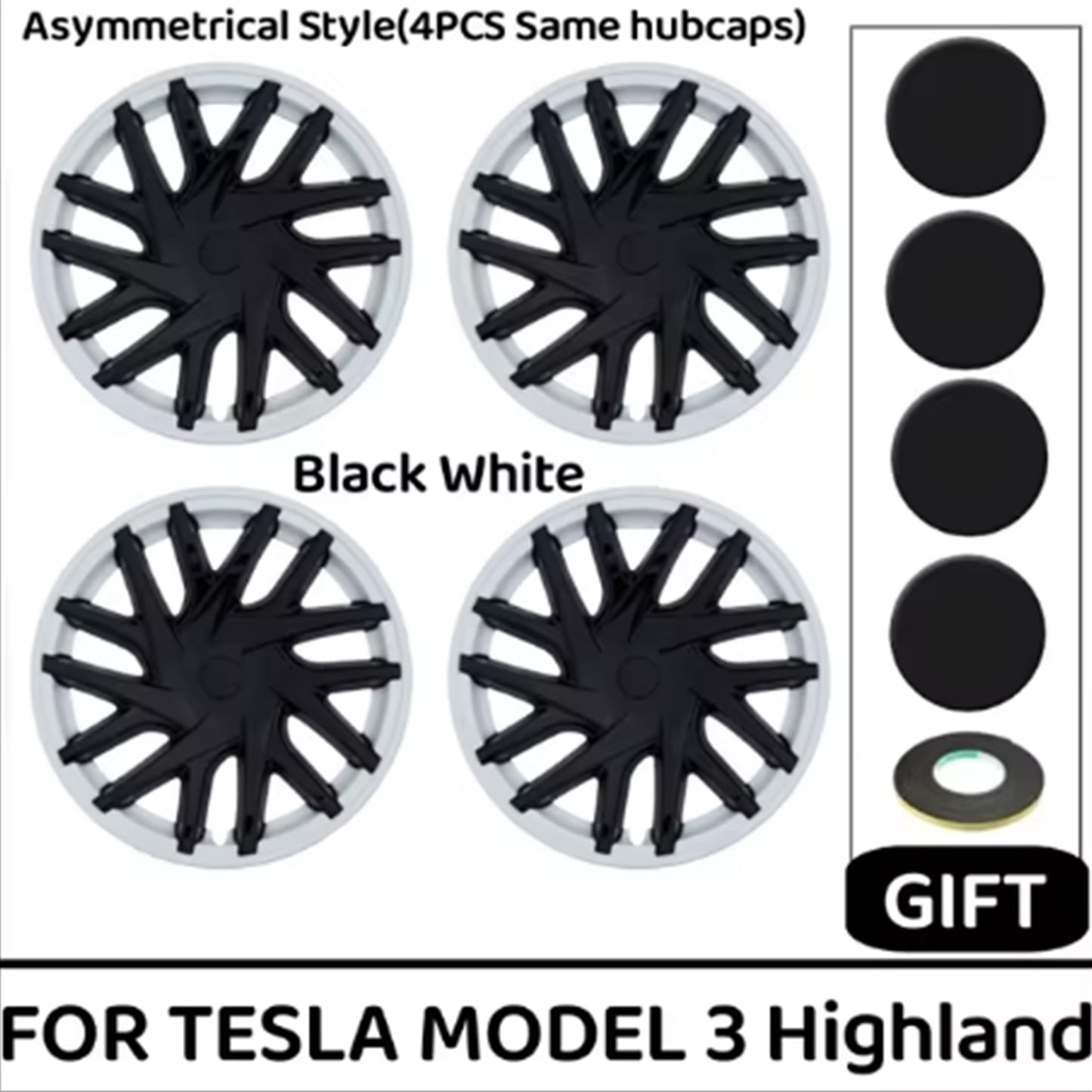 Tesla Model 3 Highland Black and White Rims Cover 18inch 4PCS/Set Full Cover Protecting Hub