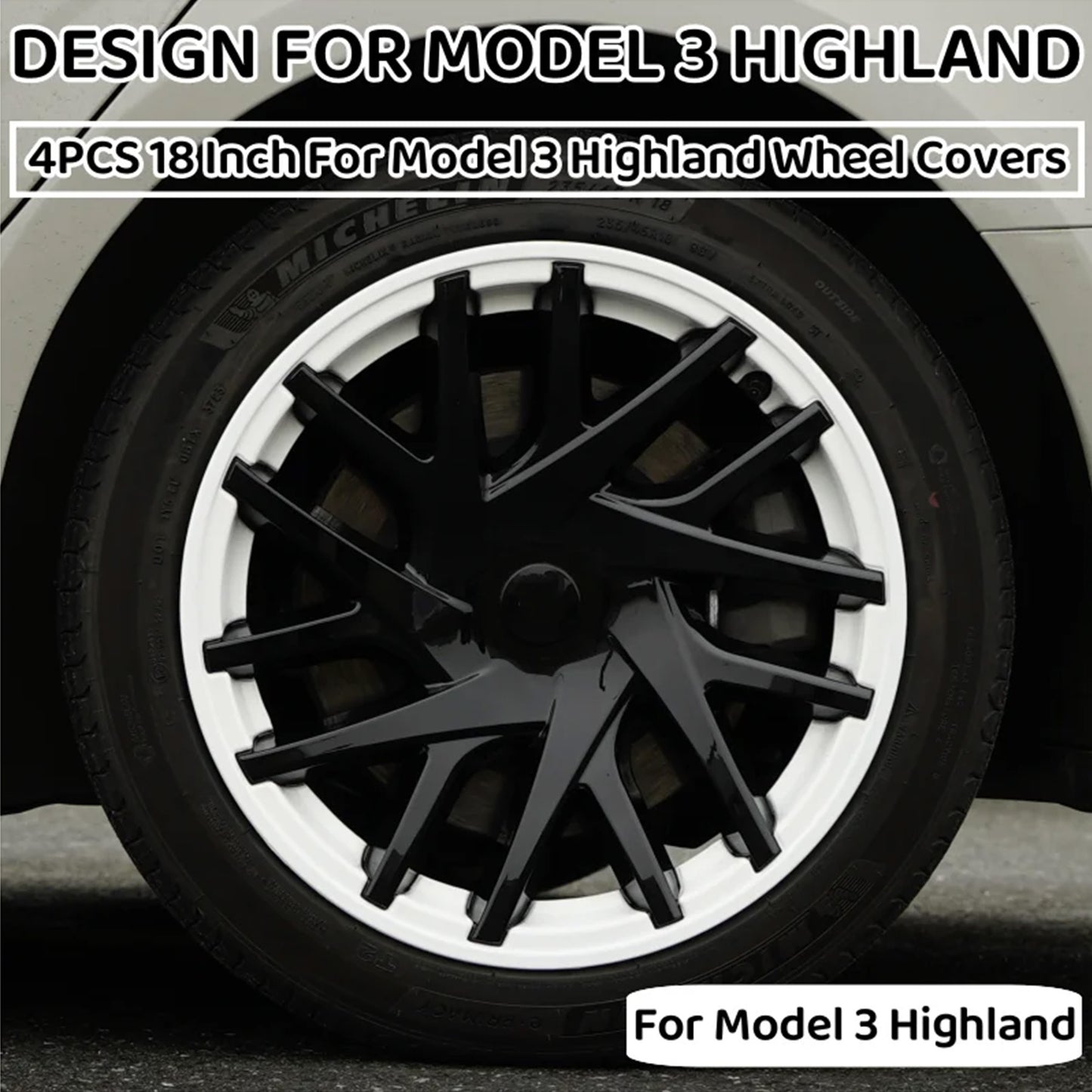 Tesla Model 3 Highland Black and White Rims Cover 18inch 4PCS/Set Full Cover Protecting Hub