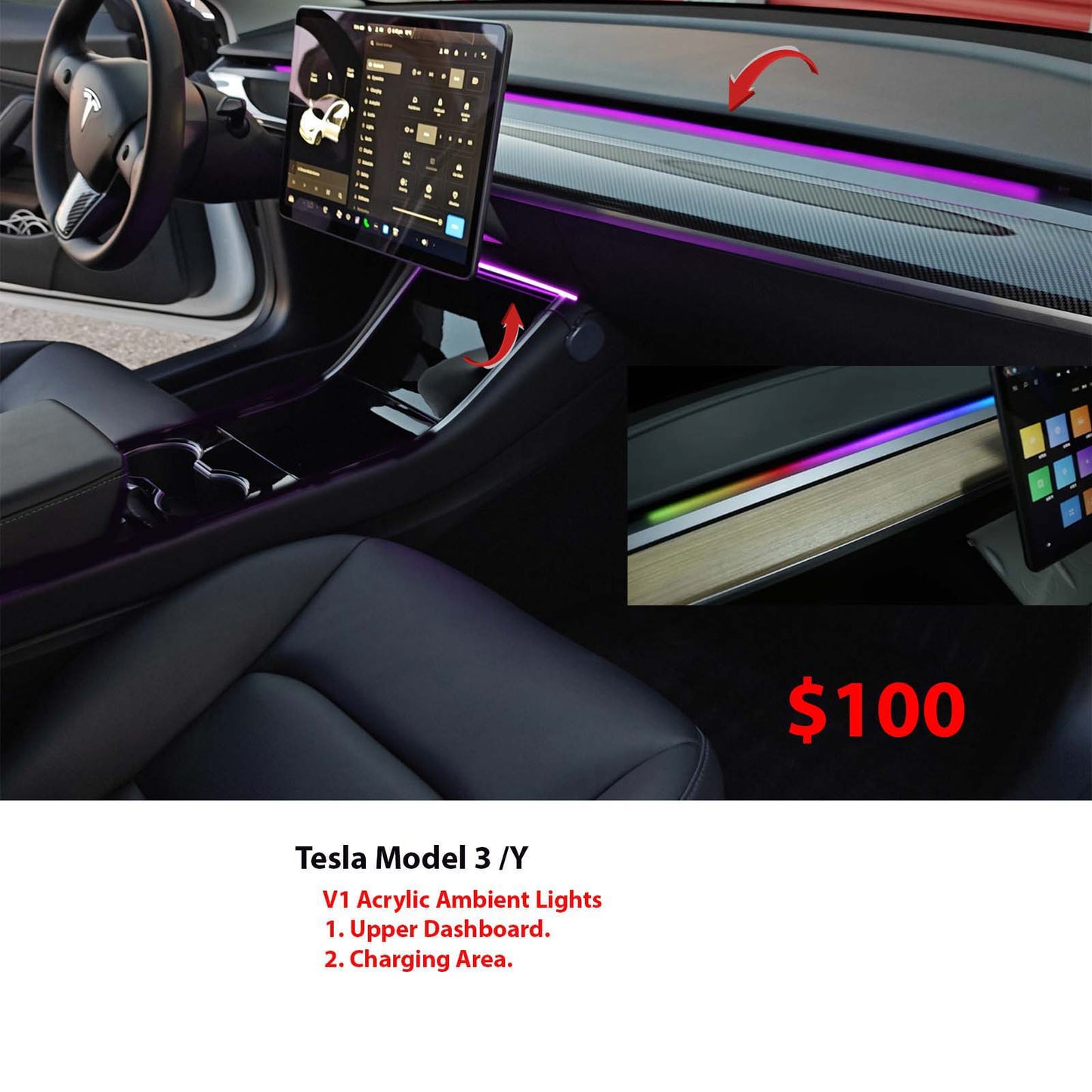Model 3 Model Y Acrylic Ambient Lights Auto ON Off with installation