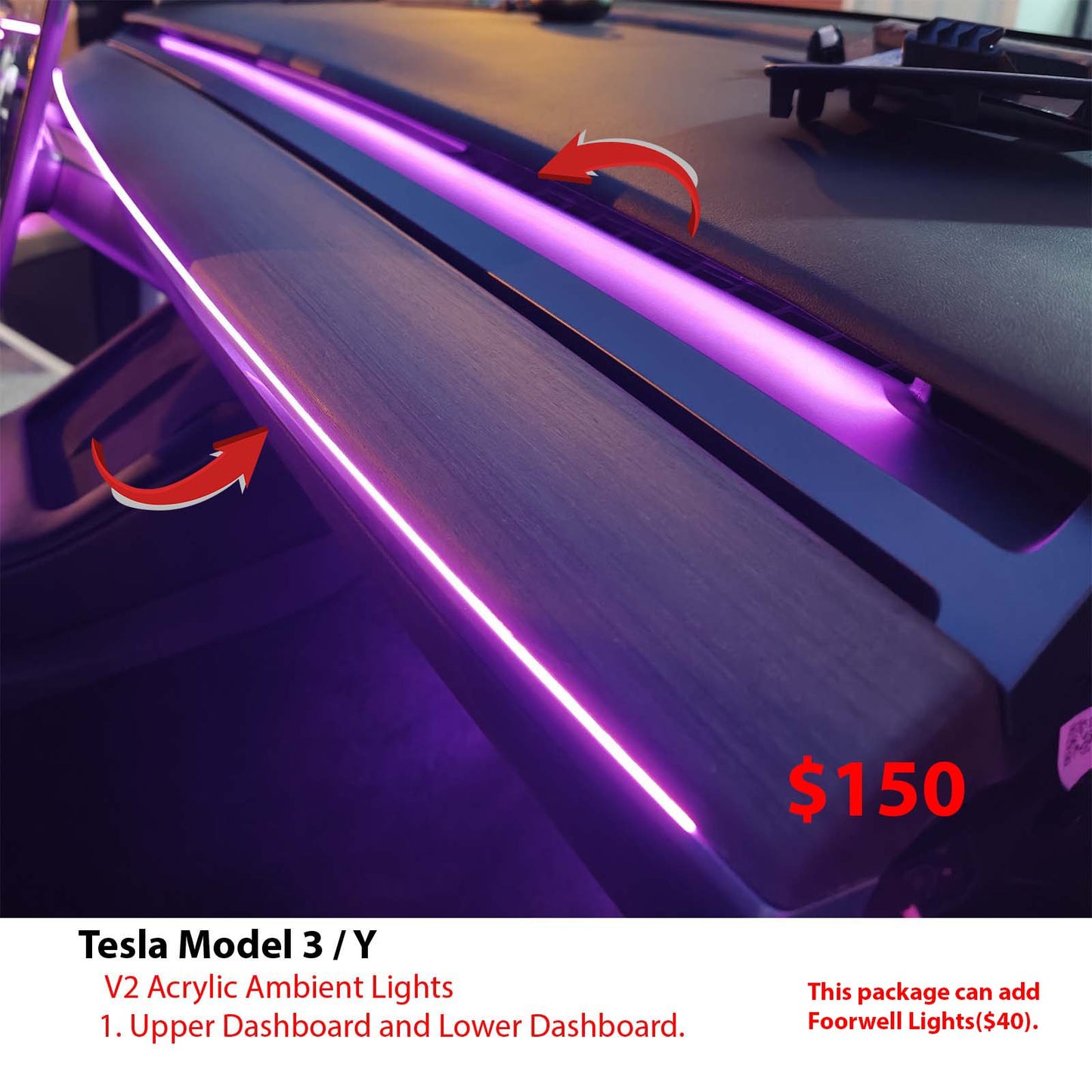 Model 3 Model Y Acrylic Ambient Lights Auto ON Off with installation