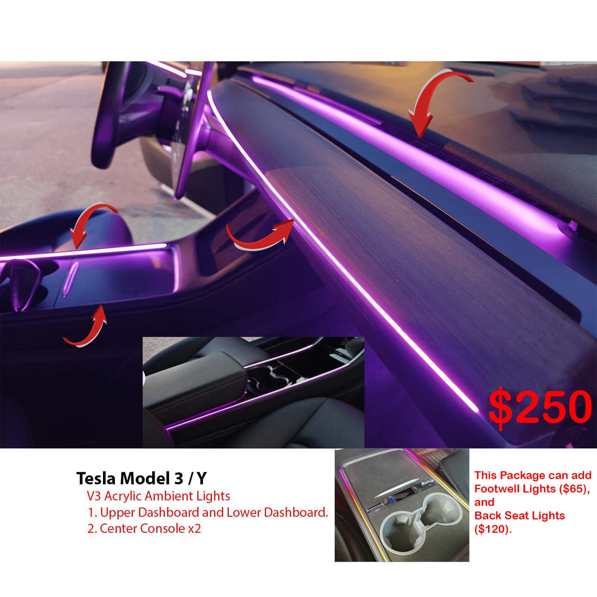 Model 3 Model Y Acrylic Ambient Lights Auto ON Off with installation